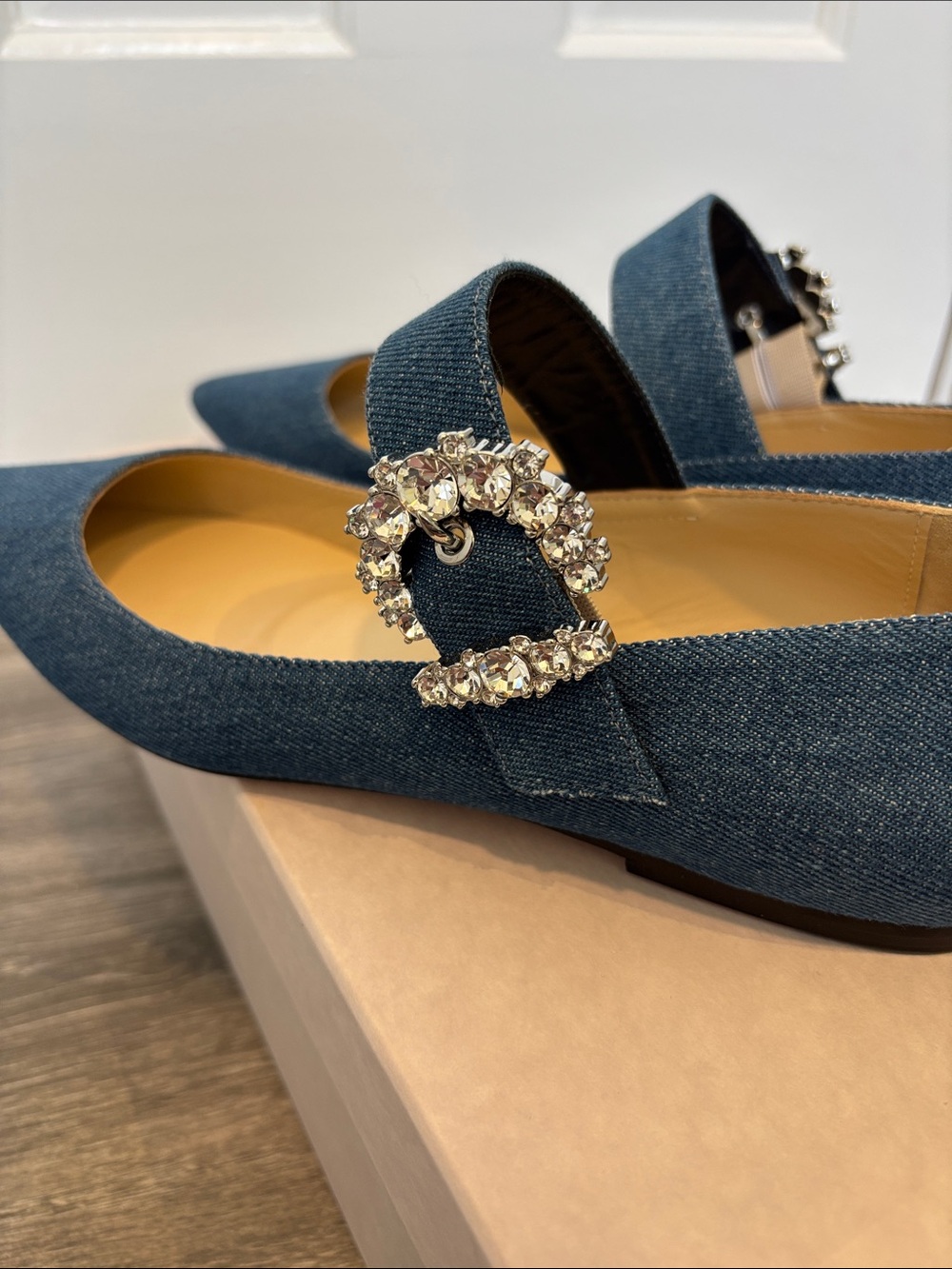 Jimmy Choo Dark Blue Denim Pointed Flats with Crystal Buckle - Picture 4 of 7
